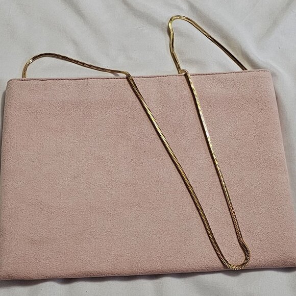 Reva Skinner Vintage Ultra Suede Clutch Purse With Gold Chain Strap Pink & Gold - Picture 4 of 9